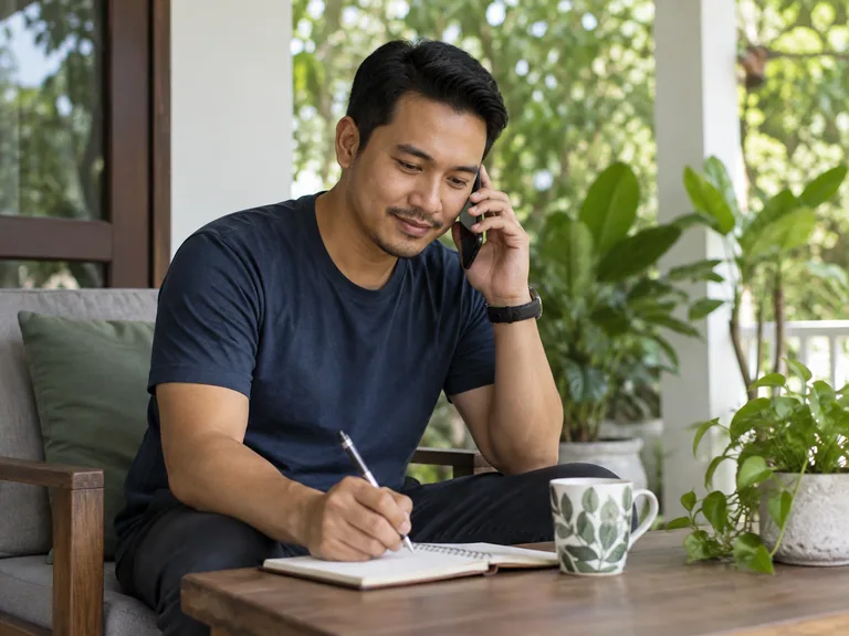Pelanggan bercakap melalui telefon sambil membuat nota di rumah