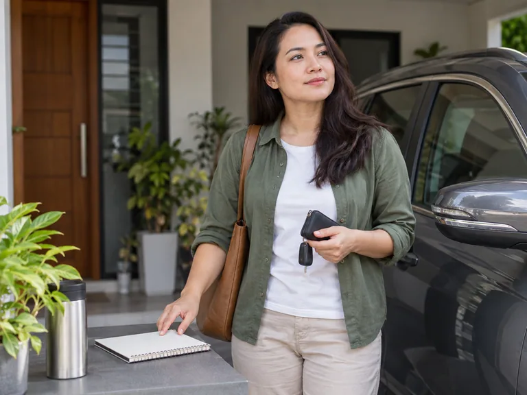 Pelanggan menutup buku catatan di sebelah kereta yang diparkir